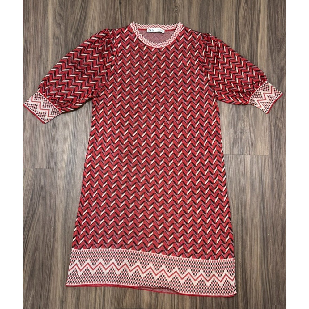 ZARA Zig Zag Knit Mini Red Black Dress - Women's Size S